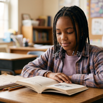 A smiling middle school student reads an open novel independently at her desk, notebook and pencils beside her.