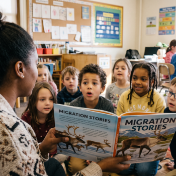 A teacher reads aloud a nonfiction book called Migration Stories to a captivated group of elementary students sitting on a classroom rug, with several children leaning in with wide-eyed expressions.