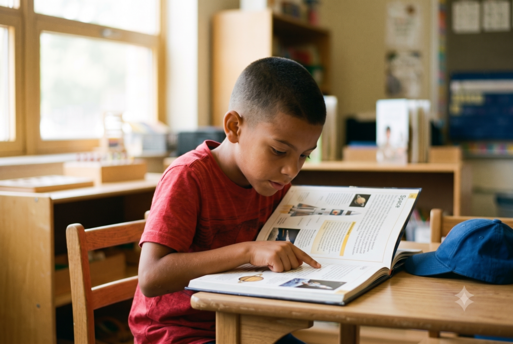 A boy reads independently from a nonfiction book about space, building background knowledge, pointing to a page with photos and diagrams as he explores the text at his classroom desk.
