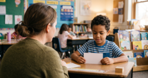 A teacher and student sit together at a desk, both looking at a word card the boy is holding up.