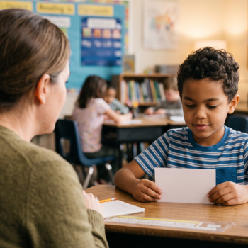 A teacher and student sit together at a desk, both looking at a word card the boy is holding up.