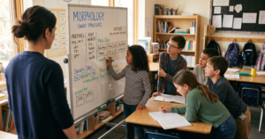 A student writes on a whiteboard displaying a morphology lesson on word structure, showing prefixes, root words, and suffixes with examples, as classmates and their teacher look on.