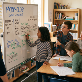 A student writes on a whiteboard displaying a morphology lesson on word structure, showing prefixes, root words, and suffixes with examples, as classmates and their teacher look on.