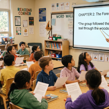 A teacher points to a projected passage on a screen as a whole class of elementary students follow along on their own printed copies during a choral reading lesson, with a word wall and reading corner visible in the background.
