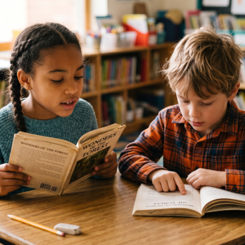 A girl reads aloud from a copy of Wonders of the Forest while her partner follows along in his own copy at a shared classroom desk during a partner reading activity.