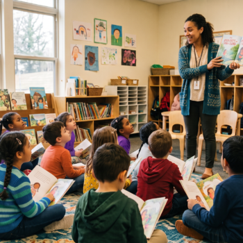 A teacher holds up a picture book and leads a modeled reading lesson, reading aloud expressively to a large group of elementary students sitting on a classroom rug, each following along in their own copy of the same book.