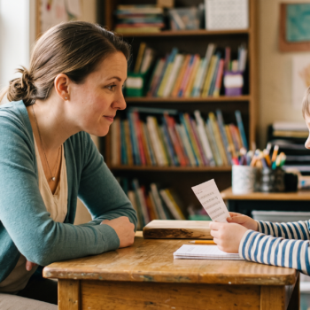 A teacher leans in attentively across a desk as a young boy examines a small reading card, in an intimate one-on-one instructional moment in a book-filled classroom.