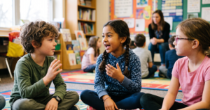 Three elementary students sit on a classroom rug in animated discussion, gesturing with their hands as they talk, with a teacher supervising a larger group in the background.