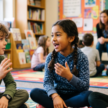 Three elementary students sit on a classroom rug in animated discussion, gesturing with their hands as they talk, with a teacher supervising a larger group in the background.