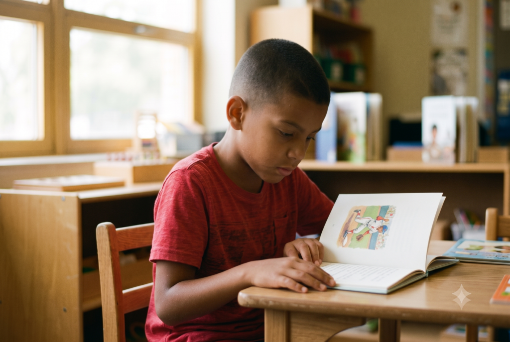 A young boy sits alone at a classroom desk, reading an illustrated picture book with quiet focus, surrounded by a warm, book-filled classroom.