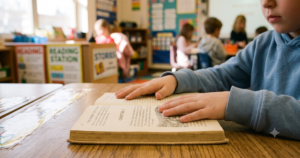 A young student rests both hands on an open chapter book at a classroom desk, with reading stations and other students visible in the background of a busy elementary classroom.