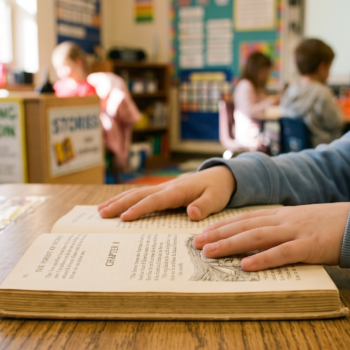 A young student rests both hands on an open chapter book at a classroom desk, with reading stations and other students visible in the background of a busy elementary classroom.