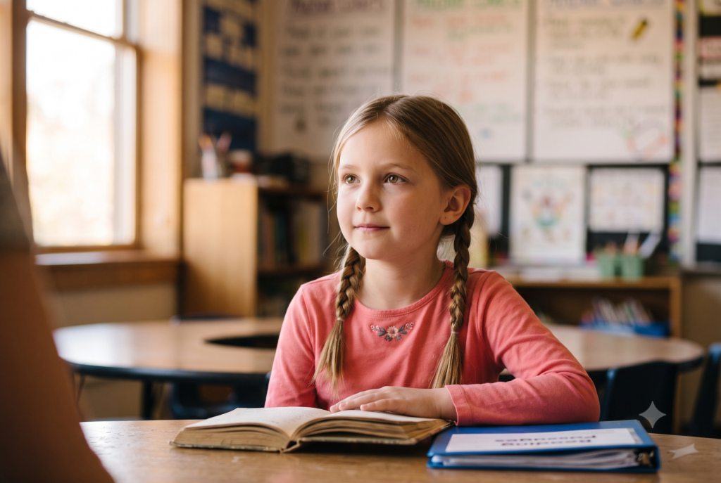 A young girl with braids pauses from her open book at a classroom desk, gazing thoughtfully into the distance with a quiet smile, in a warm, anchor-chart-lined classroom.