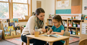 A teacher leans in closely beside a young girl with glasses as she reads aloud from a picture book at a small table, with a word family chart showing "cat, dog, fun, run" visible in the background of a well-stocked classroom library.