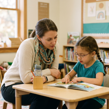 A teacher leans in closely beside a young girl with glasses as she reads aloud from a picture book at a small table, with a word family chart showing "cat, dog, fun, run" visible in the background of a well-stocked classroom library.