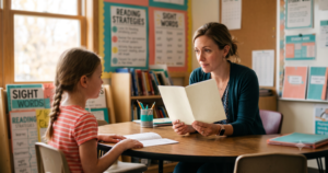 A teacher listens attentively to a young student with a braid as she holds up a small booklet at a round table, with reading strategies and sight words posters on the wall behind them.