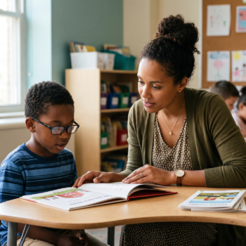 A teacher sits beside a young boy with glasses as he reads aloud from a picture book at a small group table, with other students working independently in the background.