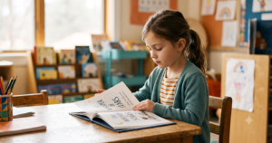 A young girl turns the pages of a picture book at her classroom desk, reading with quiet focus in a warm, colorful classroom library setting.