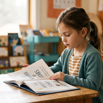 A young girl turns the pages of a picture book at her classroom desk, reading with quiet focus in a warm, colorful classroom library setting.