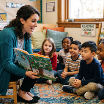 A teacher reads aloud from a picture book called The Wishing Tree to a group of delighted elementary students sitting on a rug in a cozy classroom reading corner, with labeled bookshelves and picture books surrounding them.