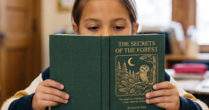 Young girl in a striped sweater reads a green hardcover book held up near her face in a classroom.