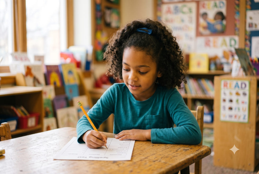 A young girl concentrates as she works through a spelling test at her classroom desk, pencil in hand, in a print-rich elementary classroom.