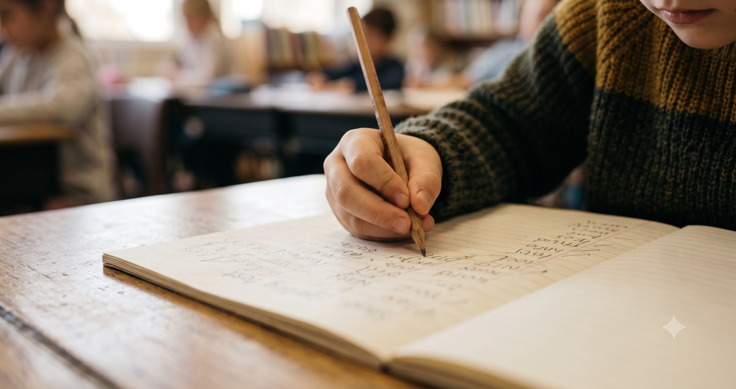 A young student practices writing words in a notebook at a classroom desk, demonstrating the connection between phonemic awareness and phonics.