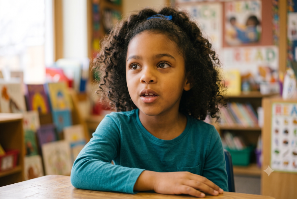 A young girl sits at her classroom desk with her mouth slightly open, actively sounding out words as part of a phonemic awareness activity in an elementary classroom.