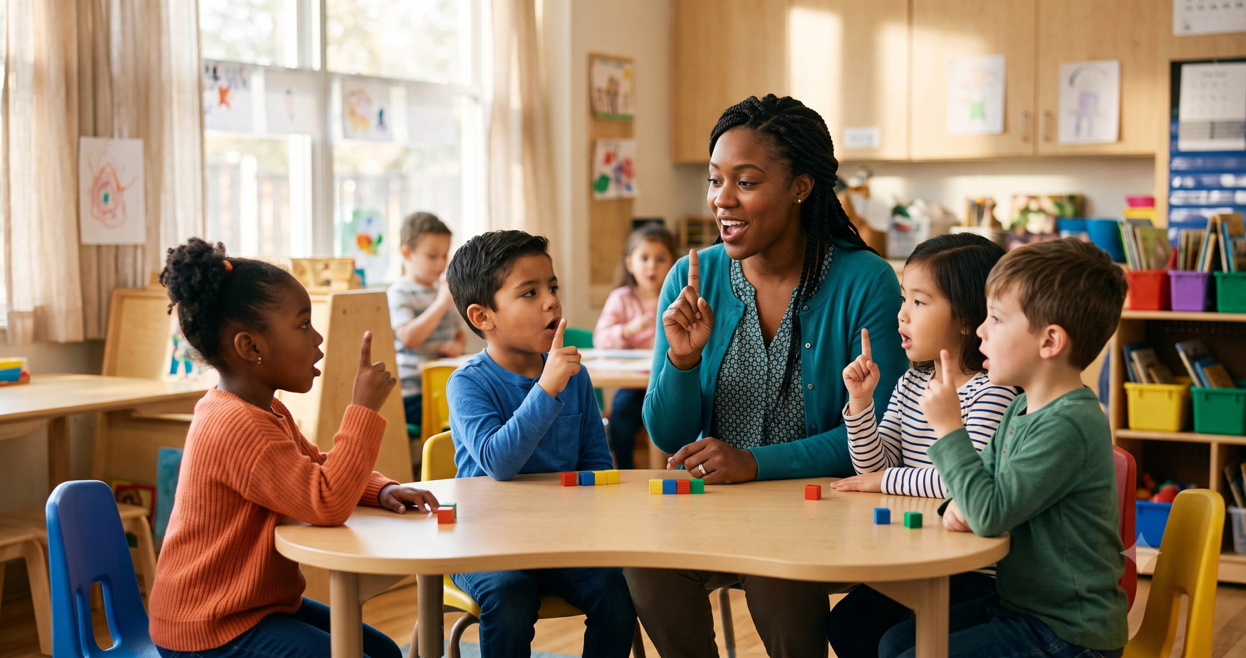 A teacher leads a small group of young students in a phonemic awareness activity, with all four children holding up one finger to segment the first sound in a word while colorful manipulative blocks sit on the table in front of them.