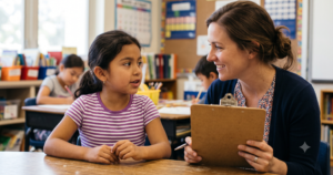 A teacher sits beside a young elementary student at a classroom desk, smiling warmly as the child speaks. The teacher holds a clipboard and pen, suggesting an informal phonemic awareness assessment in progress. Other students work independently in the background.