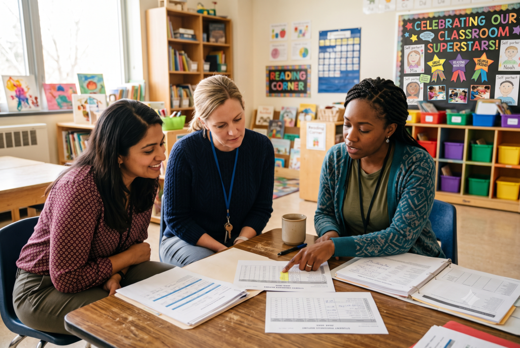 Three teachers gather around a classroom table reviewing student phonemic awareness assessment data together, with one pointing to a highlighted section of a progress report. Binders and data sheets are spread across the table in a print-rich elementary classroom.