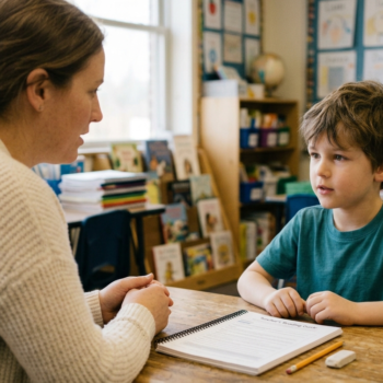 A teacher sits across from a young student at a classroom table with a reading guide open between them, demonstrating phonemic awareness instruction in a one-on-one setting.