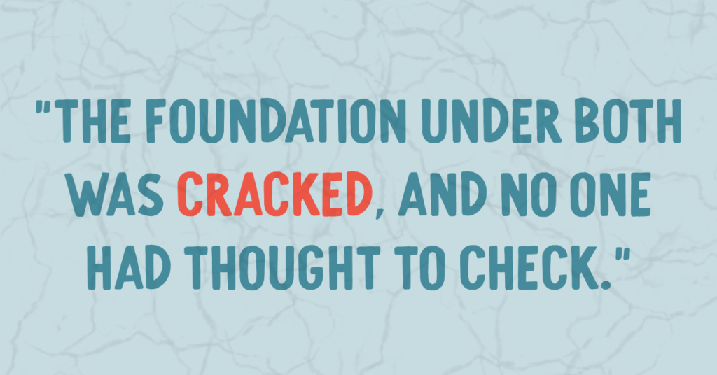 A pull quote graphic with a cracked texture background reads: "The foundation under both was cracked, and no one had thought to check." — from the What is Phonemic Awareness post on L is for Literacy.