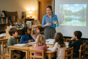 A teacher gestures expressively as she leads a discussion with a small group of elementary students, using a projected image of a forest lake to build background knowledge before reading.
