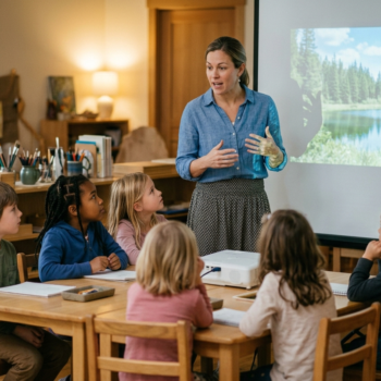 A teacher gestures expressively as she leads a discussion with a small group of elementary students, using a projected image of a forest lake to build background knowledge before reading.