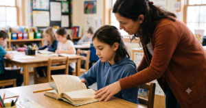 A teacher leans over a student's desk, pointing to a passage in an open chapter book as the girl reads along, with a full classroom of students working independently in the background.