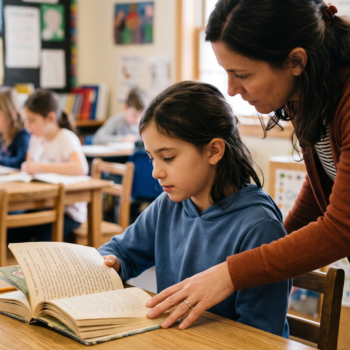A teacher leans over a student's desk, pointing to a passage in an open chapter book as the girl reads along, with a full classroom of students working independently in the background.