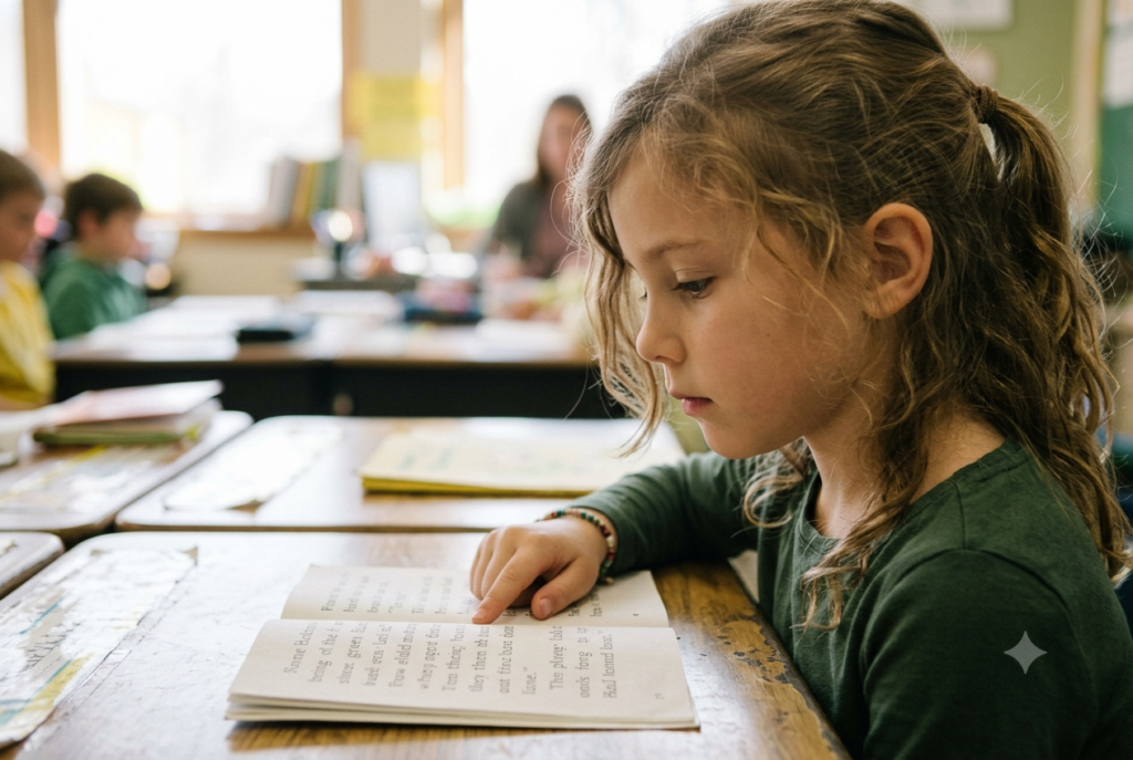 A young girl tracks the text with her finger as she reads independently at her desk, fully absorbed in her book in a softly lit classroom.