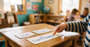 A child points to word cards spelling "sun," "flower," and the compound word "sunflower" on a classroom desk.