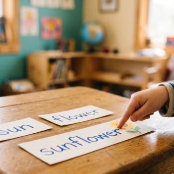 A child points to word cards spelling "sun," "flower," and the compound word "sunflower" on a classroom desk.