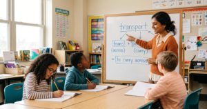 A teacher breaks the word "transport" into its Latin roots, "trans" and "port," on the whiteboard for students.