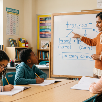 A teacher breaks the word "transport" into its Latin roots, "trans" and "port," on the whiteboard for students.