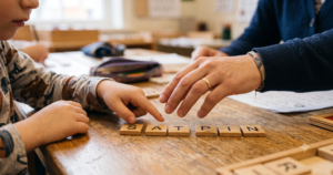A teacher's hand guides a student's finger across letter tiles spelling S-A-T and P-I-N on a wooden desk.
