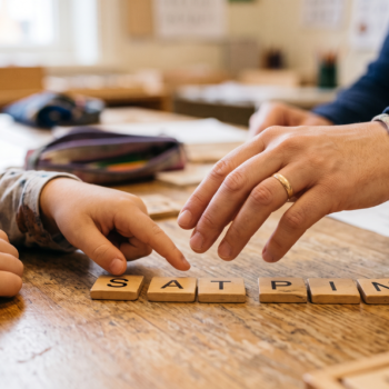 A teacher's hand guides a student's finger across letter tiles spelling S-A-T and P-I-N on a wooden desk.
