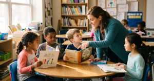 A teacher leans over a small table, guiding four young readers through a discussion of their picture books.