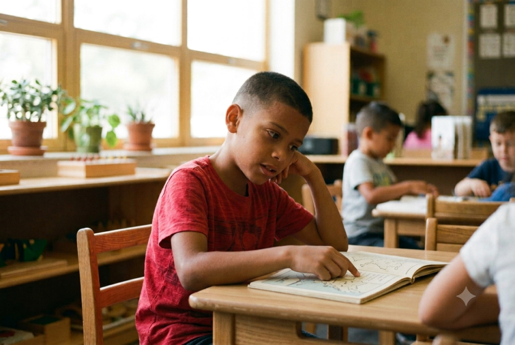 A boy in a red shirt rests his head on his hand as he points to a page in his book, wearing a pensive expression while reading independently at his classroom desk.