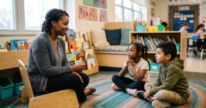 A teacher sits in a low chair facing two students on a classroom rug, smiling warmly as the children listen attentively during a small group onset-rime awareness lesson.