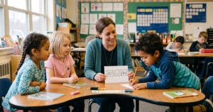 A teacher holds up a sound box card reading /f/ /i/ /sh/ as students practice an orthographic mapping activity.