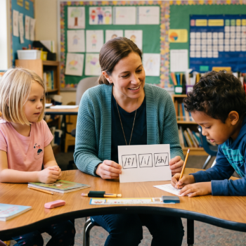 A teacher holds up a sound box card reading /f/ /i/ /sh/ as students practice an orthographic mapping activity.
