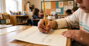 A child's hand writes an invented-spelling sentence on lined paper, sounding out each word letter by letter.